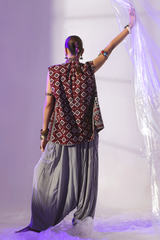 Second Dam Hama Dam Ajrak Waistcoat and Striped Boho Shalwar by Zananii handcrafted cotton women’s ethnic wear in maroon and black featuring a mandarin collar and traditional Ajrak pattern