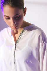 Third Maya white shirt and cheetah pants by Zananii off white cotton lawn outfit with silk cheetah print trousers.