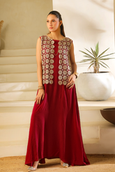 First Raqs maroon kaftan with beige net jacket by Zananii, made from soft malai lawn and net for a graceful and modern look