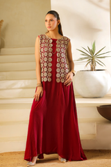 First Raqs maroon kaftan with beige net jacket by Zananii, made from soft malai lawn and net for a graceful and modern look