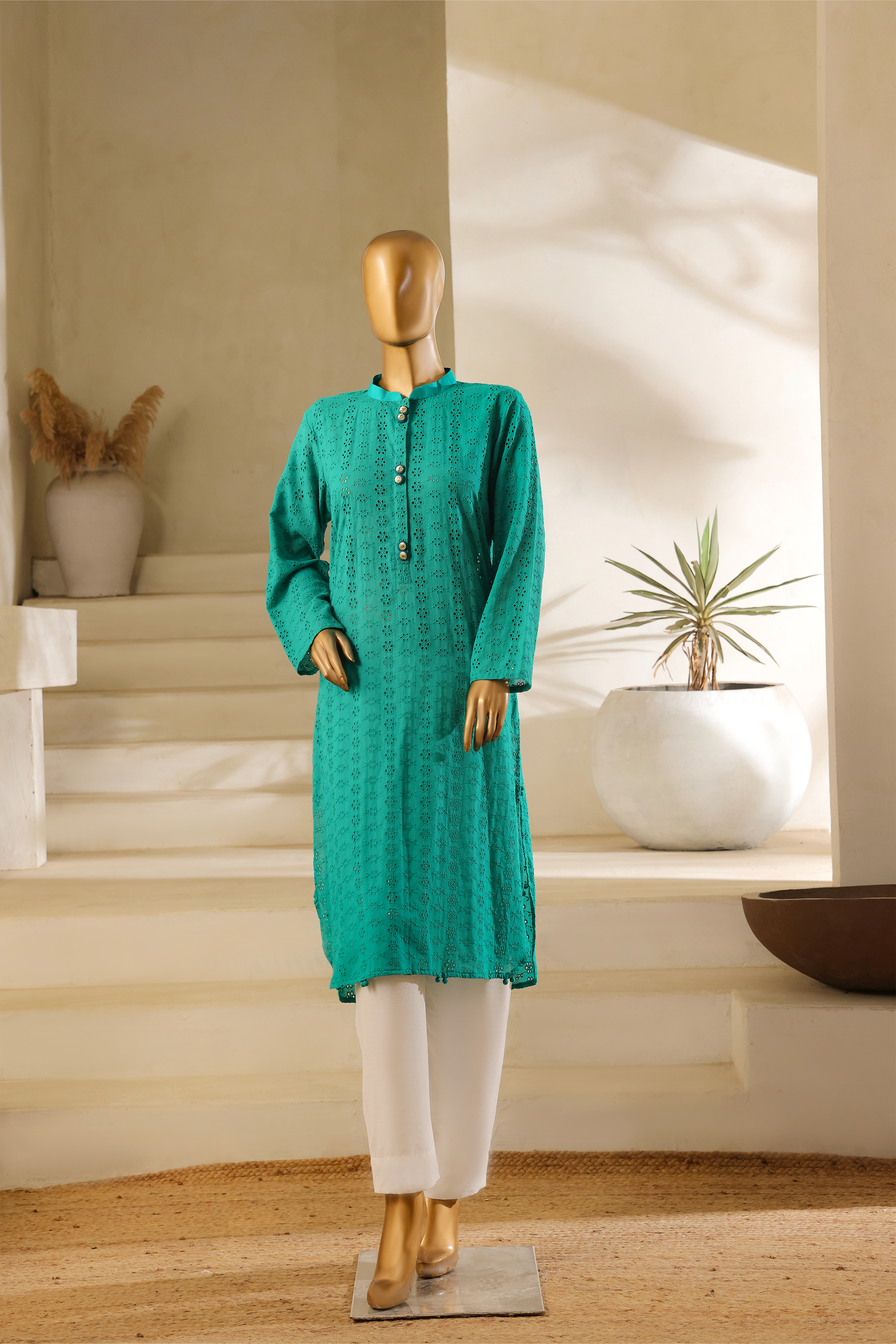 Olive green Irish cotton co-ord set with embroidered pocket and net sleeves by Zananii from the Laaj Collection.