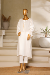White lawn cotton kalidar kurta with brown piping and button detailing from Zananii’s Andaleeb Collection, featuring a flowing silhouette and refined craftsmanship.