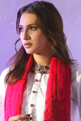 Third Ivory 3-piece self lawn suit by Zananii featuring embroidered buttons, lace-trimmed sleeves, a farshi shalwar, and a colorful tie-dye dupatta from the Gohar Collection.