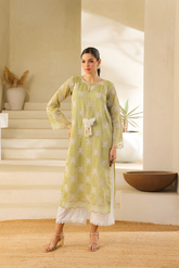 Lime green embroidered chikankari cotton kurta with pearl and organza detailing, paired with white pants by Zananii.