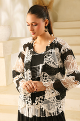 Second Raqs black and white tie dye skirt set by Zananii with tank top and net jacket made from soft malai lawn and net fabric