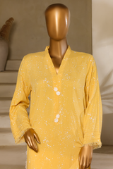 Second Yellow self-textured mul cotton kurta with white chicken lace detailing and button accents from the Ramz Collection by Zananii.