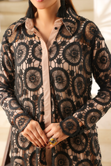 Third Maya beige co-ord set by Zananii black and beige Irish cotton outfit with net detail two piece for casual wear.