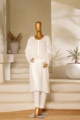 White lawn kalidar kurta with navy blue piping on the sleeves from Zananii’s Andaleeb Collection, featuring a flowing silhouette and elegant detailing.