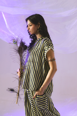 Third Dam Hama Dam Striped Lawn Shirt and Boho Shalwar by Zananii breathable premium lawn women’s outfit in yellow and blue blending effortless grace with modern elegance.