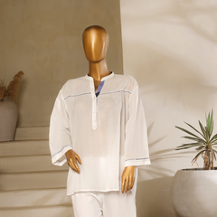 Third White mul lawn short kurta shirt with blue piping and mandarin collar from Zananii’s Zoya Collection