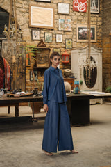 Third Light blue denim short shirt and loose pants co-ord set by Zananii from the Qabil Collection, offering a casual and comfortable everyday look.