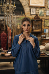 Fourth Light blue denim short shirt and loose pants co-ord set by Zananii from the Qabil Collection, offering a casual and comfortable everyday look.