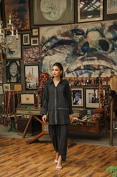 Grey-black light khaddar block-printed kurta with lace accents and tulip shalwar by Zananii from the Kaifiyat Collection