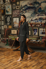 Third Grey-black light khaddar block-printed kurta with lace accents and tulip shalwar by Zananii from the Kaifiyat Collection