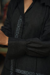 Fourth Grey-black light khaddar block-printed kurta with lace accents and tulip shalwar by Zananii from the Kaifiyat Collection