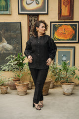 Third Black ribbon-striped cotton shirt and pants set by Zananii, featuring a short shirt with relaxed fitted trousers. A chic and timeless outfit from the Dastoor Collection.