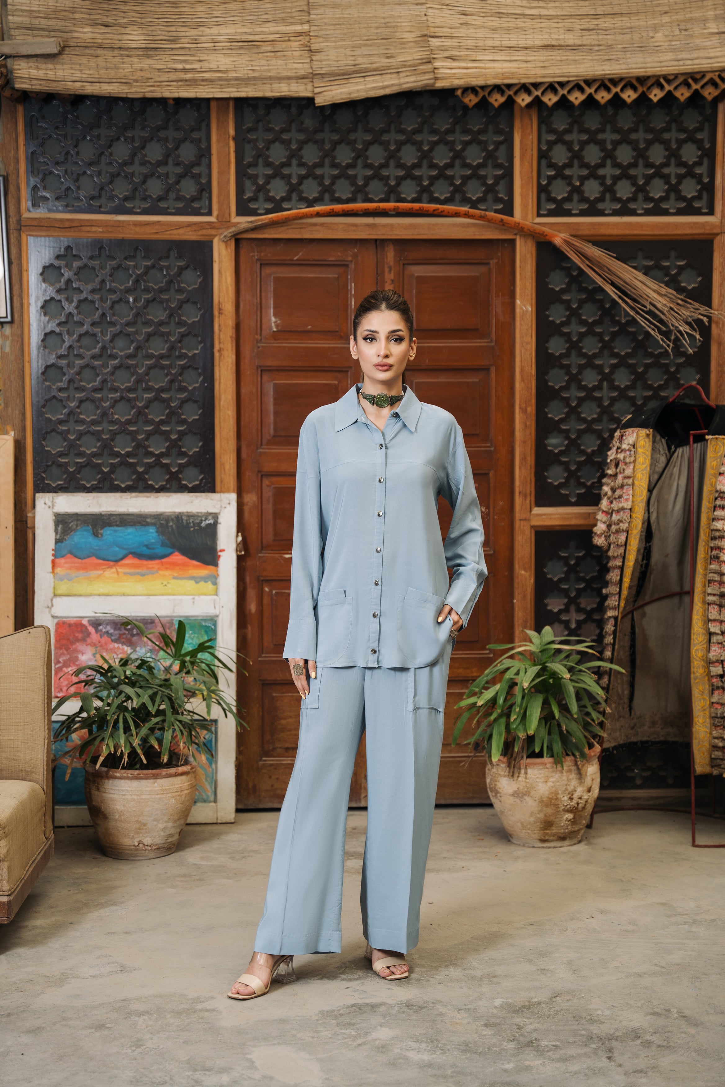 Sky blue dobby viscose button-down top and culotte set by Zananii from the Safari Collection, featuring a relaxed, modern silhouette for effortless everyday style.
