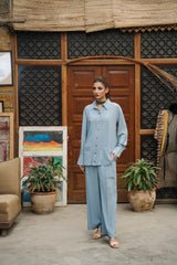 Second Sky blue dobby viscose button-down top and culotte set by Zananii from the Safari Collection, featuring a relaxed, modern silhouette for effortless everyday style.