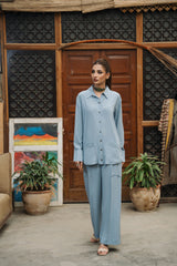 Third Sky blue dobby viscose button-down top and culotte set by Zananii from the Safari Collection, featuring a relaxed, modern silhouette for effortless everyday style.