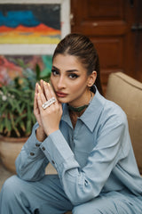 Fourth Sky blue dobby viscose button-down top and culotte set by Zananii from the Safari Collection, featuring a relaxed, modern silhouette for effortless everyday style.