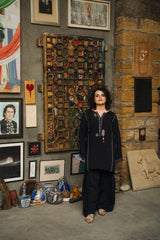 Second Black grip linen block printed kurta and wide-leg shalwar set by Zananii from the Simt Collection, designed for comfort and versatility across seasons.