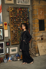 Third Black grip linen block printed kurta and wide-leg shalwar set by Zananii from the Simt Collection, designed for comfort and versatility across seasons.