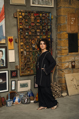 Fourth Black grip linen block printed kurta and wide-leg shalwar set by Zananii from the Simt Collection, designed for comfort and versatility across seasons.