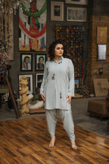 Second Powder blue cotton linen embroidered shirt with tulip shalwar by Zananii from the Maahe Collection, featuring delicate embroidery booti detailing.