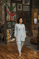Third Powder blue cotton linen embroidered shirt with tulip shalwar by Zananii from the Maahe Collection, featuring delicate embroidery booti detailing.