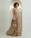 Nude beige embroidered formal 3-piece ensemble with net shirt, silk bottoms, and dupatta