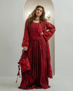 Maroon potli bag with floral net lace detailing, beaded handle and resham tassels - festive ethnic handbag