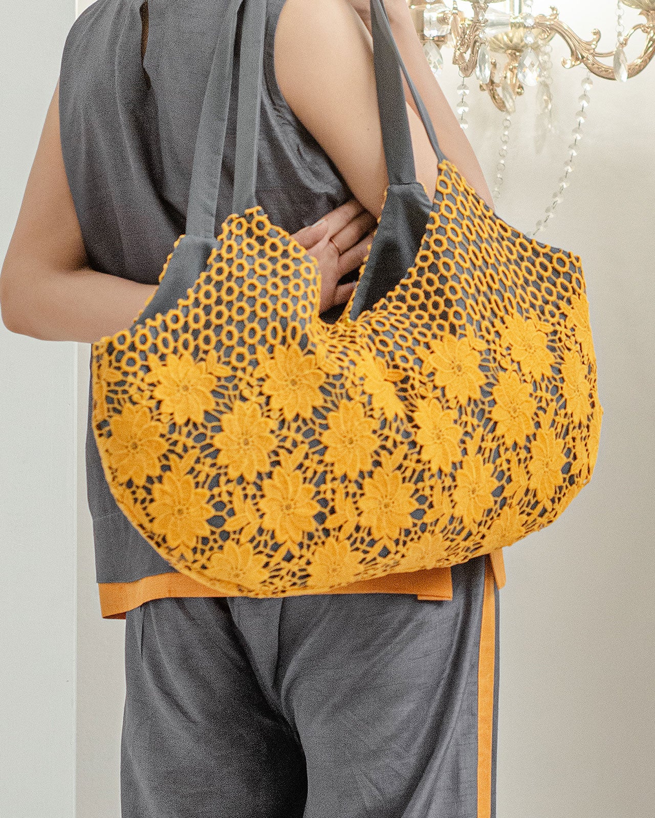 Mustard & Grey Oversized Crochet Tote Bag