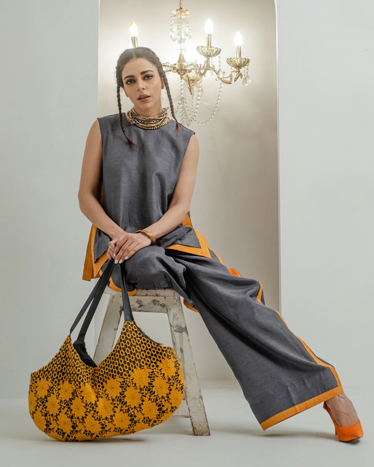 Mustard & Grey Oversized Crochet Tote Bag