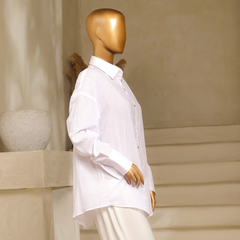 Third White self-lawn button-down shirt with golden buttons, gents collar, and cuffed sleeves from Zananii’s Zoya Collection.