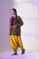 First Dam Hama Dam Ajrak Coat and Mustard Boho Shalwar by Zananii handcrafted cotton women’s ethnic wear in maroon, black, and mustard featuring Sindhi-inspired detailing and front pockets.