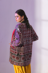 Third Dam Hama Dam Ajrak Coat and Mustard Boho Shalwar by Zananii handcrafted cotton women’s ethnic wear in maroon, black, and mustard featuring Sindhi-inspired detailing and front pockets.
