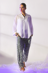 Second Maya white shirt and cheetah pants by Zananii off white cotton lawn outfit with silk cheetah print trousers.
