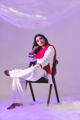 Second Ivory 3-piece self lawn suit by Zananii featuring embroidered buttons, lace-trimmed sleeves, a farshi shalwar, and a colorful tie-dye dupatta from the Gohar Collection.