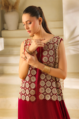 Second Raqs maroon kaftan with beige net jacket by Zananii, made from soft malai lawn and net for a graceful and modern look