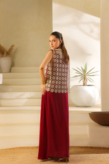 Third Raqs maroon kaftan with beige net jacket by Zananii, made from soft malai lawn and net for a graceful and modern look