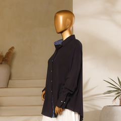 Third Black linen button-down shirt with blue lace detailing, cuffed sleeves, and shirt collar from Zananii’s Zoya Collection.