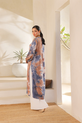 Second Blue and brown tie-dye kurta set by Zananii, featuring mirror button details and white izaar pants for a stylish and comfortable everyday look.