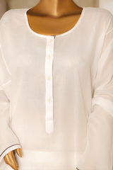 Third White lawn kalidar kurta with navy blue piping on the sleeves from Zananii’s Andaleeb Collection, featuring a flowing silhouette and elegant detailing.