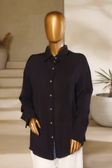 Black linen button-down shirt with blue lace detailing, cuffed sleeves, and shirt collar from Zananii’s Zoya Collection.