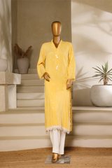 Yellow self-textured mul cotton kurta with white chicken lace detailing and button accents from the Ramz Collection by Zananii.