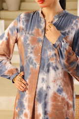 Third Blue and brown tie-dye kurta set by Zananii, featuring mirror button details and white izaar pants for a stylish and comfortable everyday look.