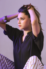 Third Dam Hama Dam Black Crop Top and Striped Butterfly Shalwar by Zananii flowy lawn women’s outfit in black and off-white blending modern elegance with effortless comfort.