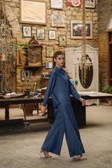 Second Light blue denim short shirt and loose pants co-ord set by Zananii from the Qabil Collection, offering a casual and comfortable everyday look.