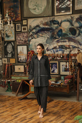 Grey-black light khaddar block-printed kurta with lace accents and tulip shalwar by Zananii from the Kaifiyat Collection