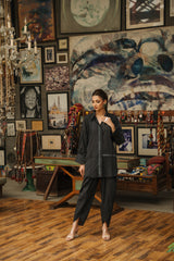 Second Grey-black light khaddar block-printed kurta with lace accents and tulip shalwar by Zananii from the Kaifiyat Collection